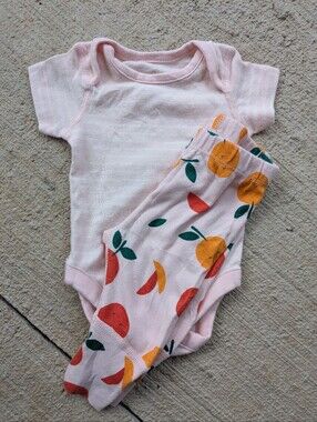 Hanna Andersson Set Pink Stripes Onesie Apple/Orange Print Pants Newborn 0/3m